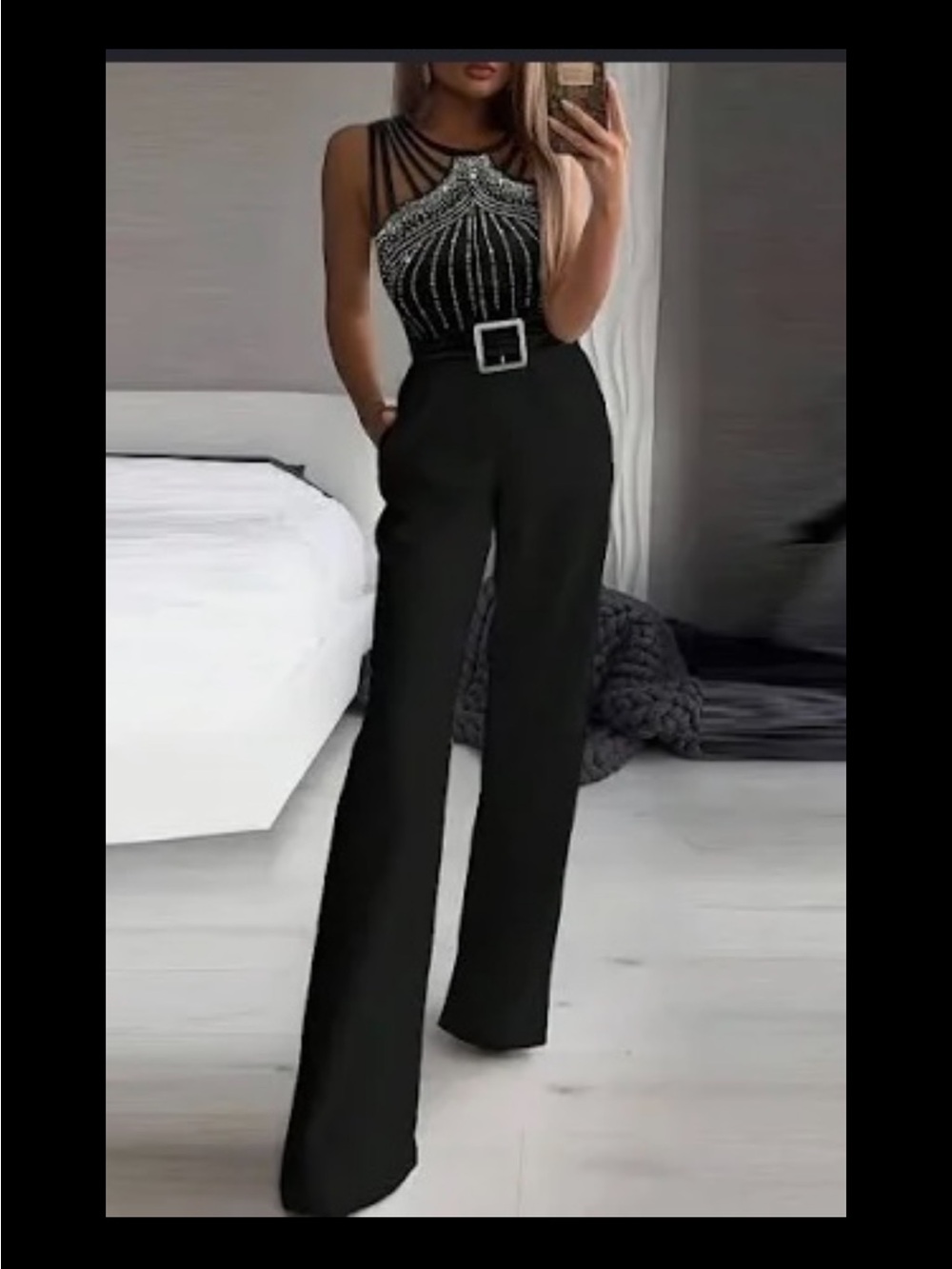 chic Black Wide-Leg Embellished Jumpsuit